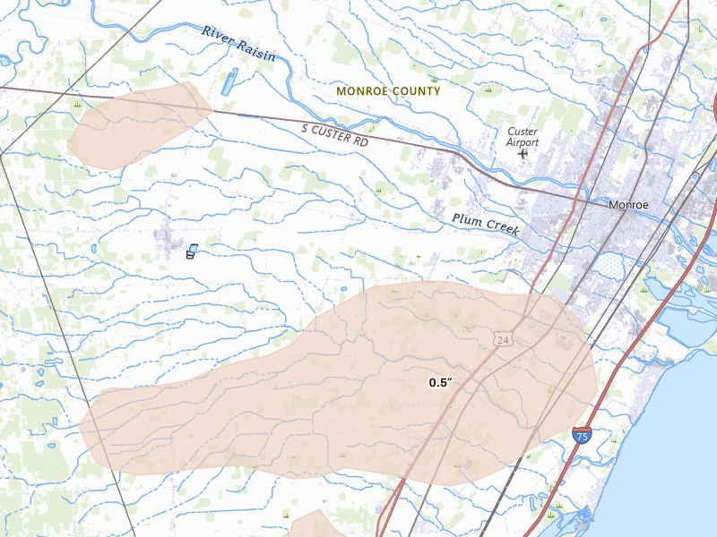 Radar-estimated hail-size map of the storm over Monroe, MI on Sep 3, 2026