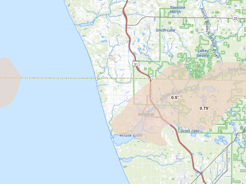Radar-estimated hail-size map of the storm over Montague, MI on Apr 14, 2026