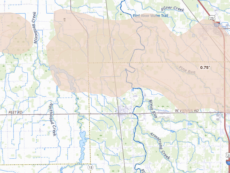 Radar-estimated hail-size map of the storm over Montrose, MI on Sep 2, 2026