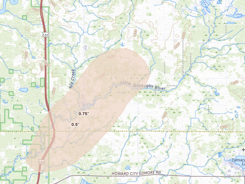 Radar-estimated hail-size map of the storm over Morley, MI