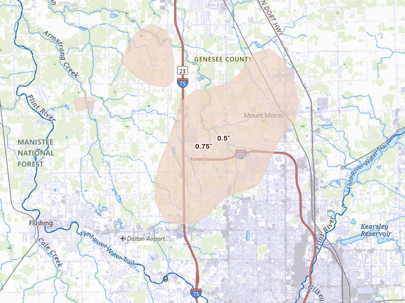 Radar-estimated hail-size map of the storm over Mount Morris, MI