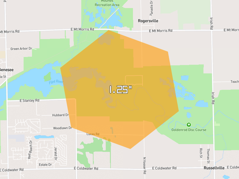 Hail map of Mount Morris, MI on Jul 21, 2026, hail up to 1.25"