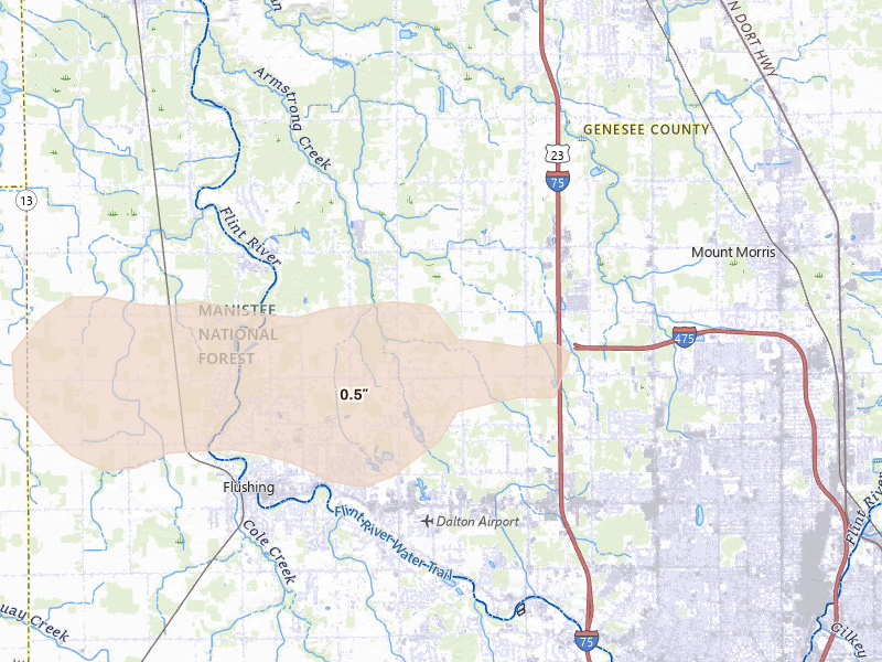 Radar-estimated hail-size map of the storm over Mount Morris, MI on Sep 3, 2026
