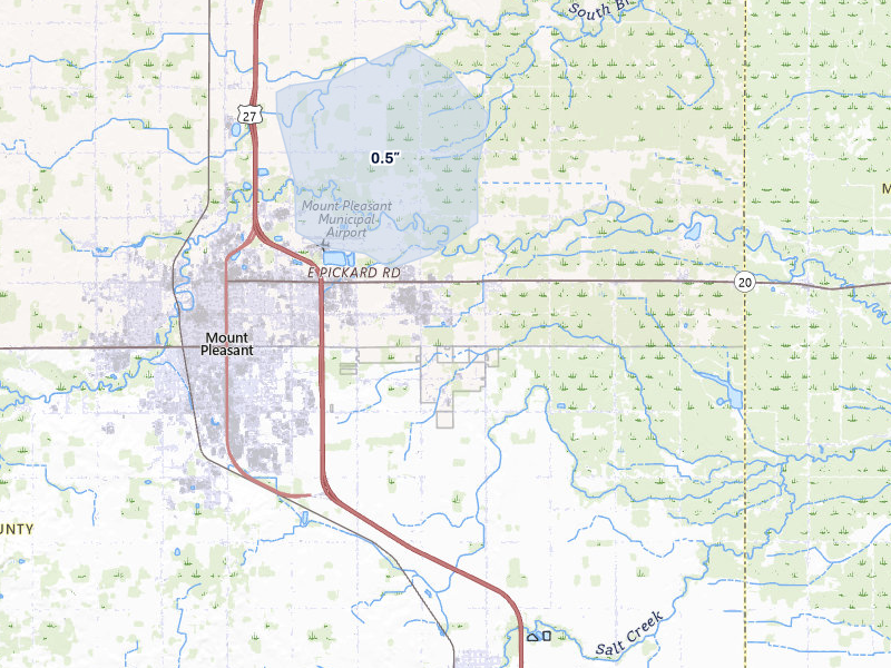NEXRAD radar-signature map of the hail storm over Mount Pleasant, MI on May 4, 2026
