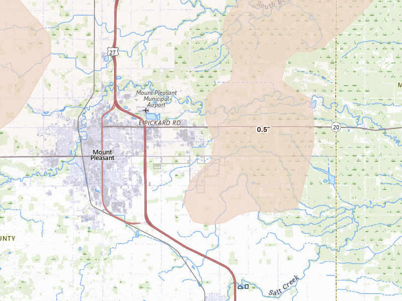 Radar-estimated hail-size map of the storm over Mount Pleasant, MI on Jun 16, 2026