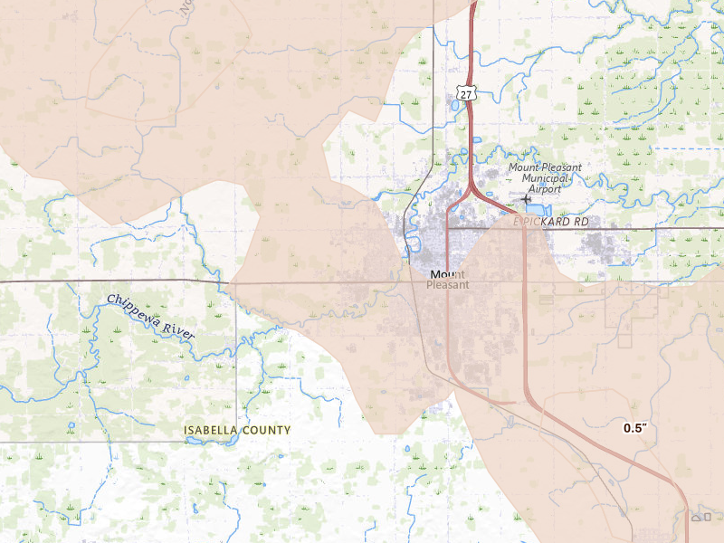 Radar-estimated hail-size map of the storm over Mount Pleasant, MI