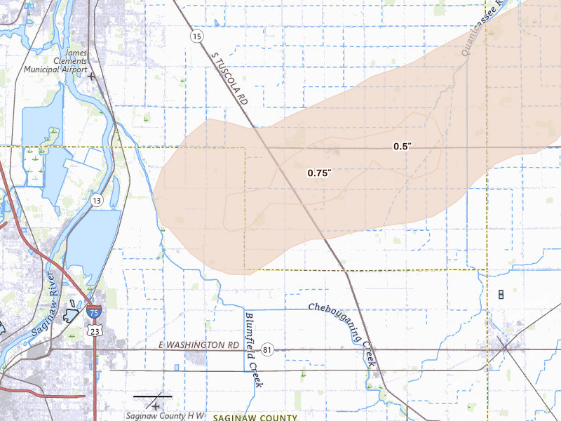 Radar-estimated hail-size map of the storm over Munger, MI on Jun 10, 2026