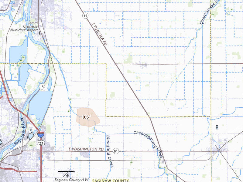 Radar-estimated hail-size map of the storm over Munger, MI on Jul 18, 2026