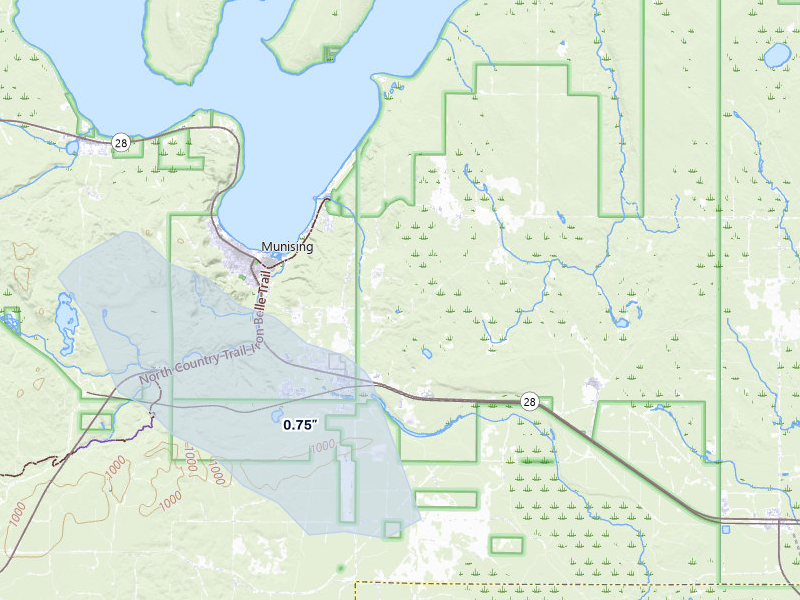 NEXRAD radar-signature map of the hail storm over Munising, MI on Jul 12, 2026