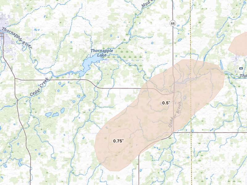 Radar-estimated hail-size map of the storm over Nashville, MI on May 18, 2026