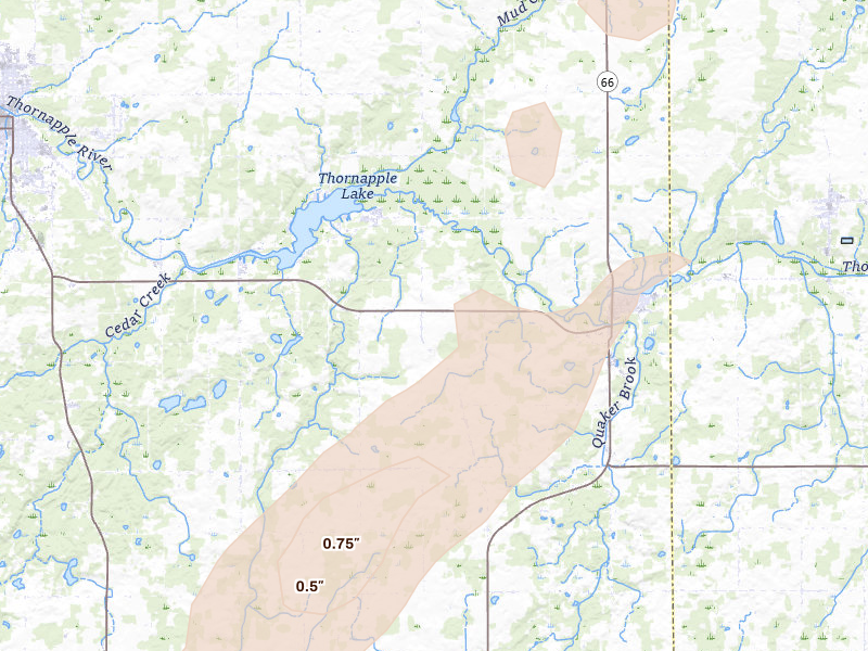 Radar-estimated hail-size map of the storm over Nashville, MI on Jun 16, 2026
