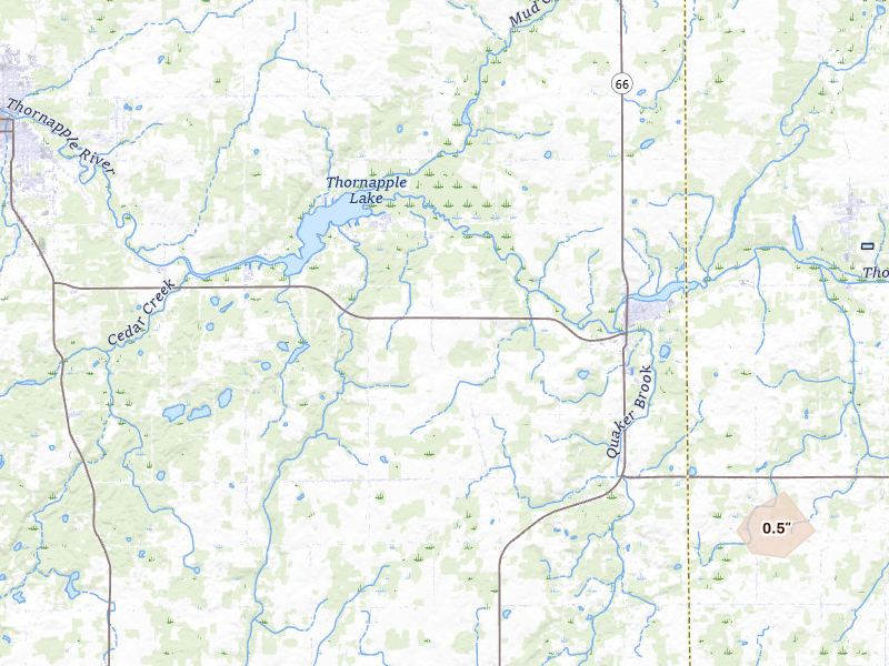 Radar-estimated hail-size map of the storm over Nashville, MI on Jul 2, 2026