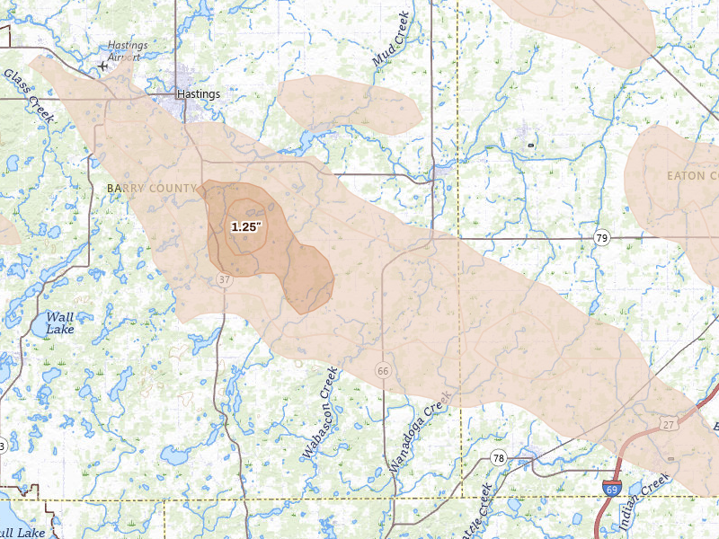 Radar-estimated hail-size map of the storm over Nashville, MI