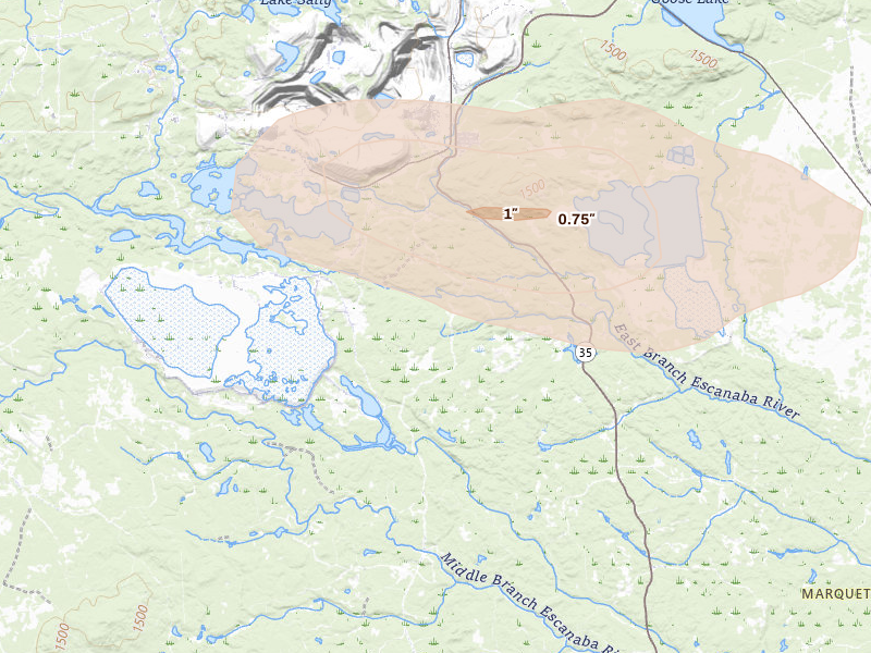 Radar-estimated hail-size map of the storm over Negaunee, MI on Jun 5, 2026