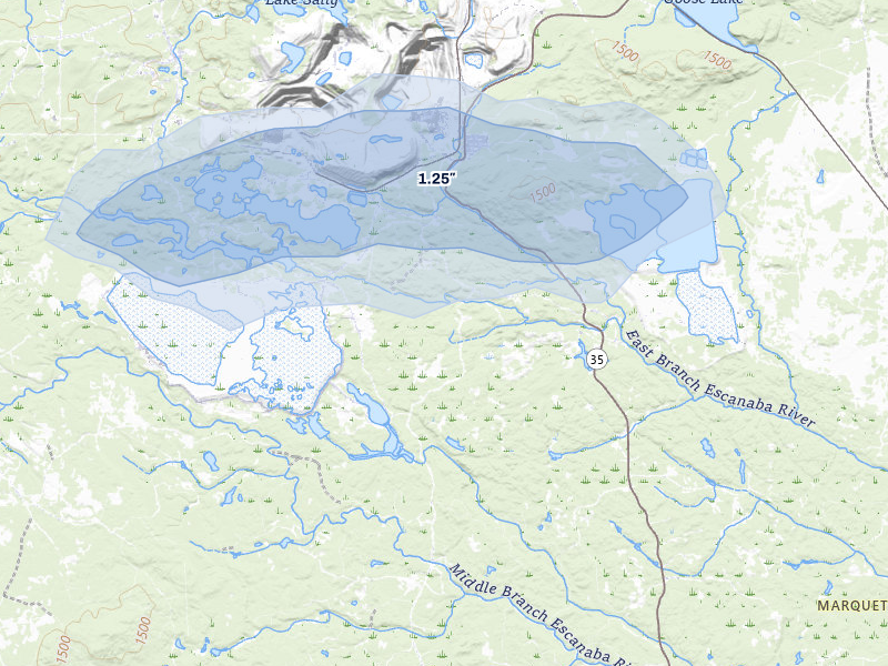 NEXRAD radar-signature map of the hail storm over Negaunee, MI on Jun 5, 2026