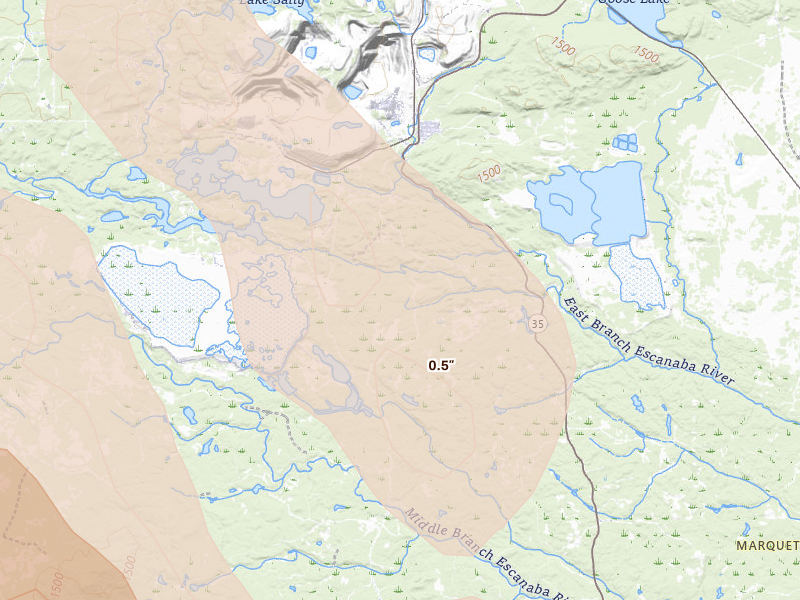 Radar-estimated hail-size map of the storm over Negaunee, MI on Jul 12, 2026