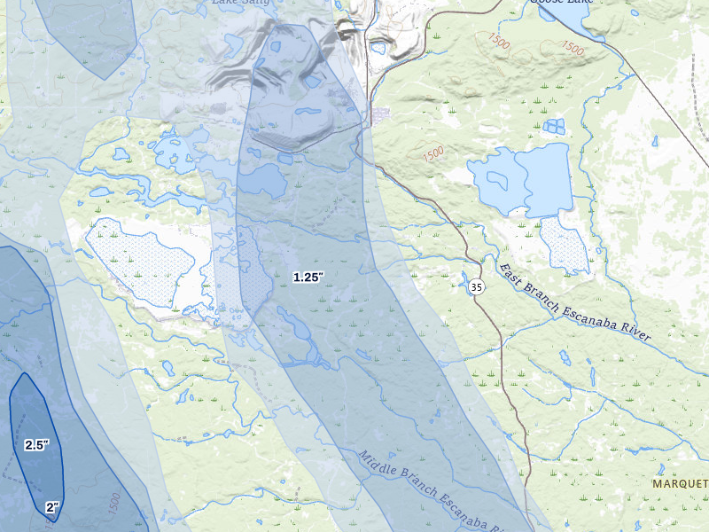 NEXRAD radar-signature map of the hail storm over Negaunee, MI on Jul 12, 2026