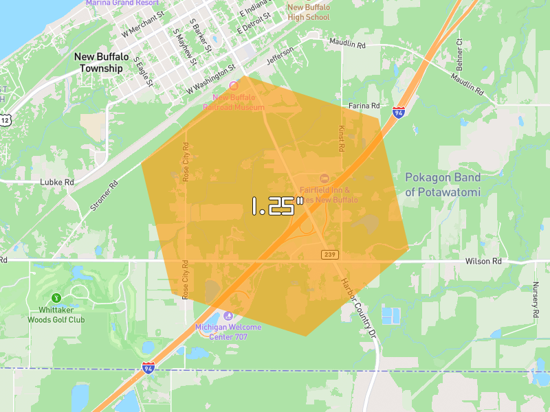Hail map of New Buffalo, MI on Jul 3, 2026, hail up to 1.25"