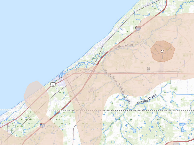 Radar-estimated hail-size map of the storm over New Buffalo, MI on Aug 9, 2026