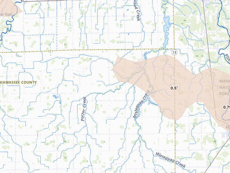 Radar-estimated hail-size map of the storm over New Lothrop, MI on Sep 1, 2026