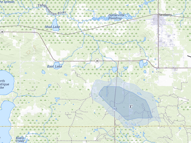 NEXRAD radar-signature map of the hail storm over Newberry, MI on Jun 29, 2026