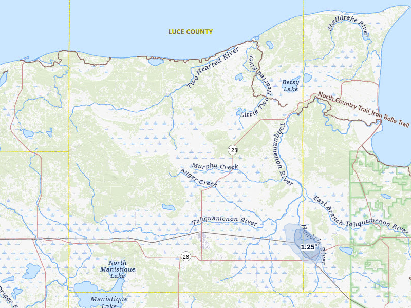 NEXRAD radar-signature map of the hail storm over Newberry, MI on Jul 3, 2026