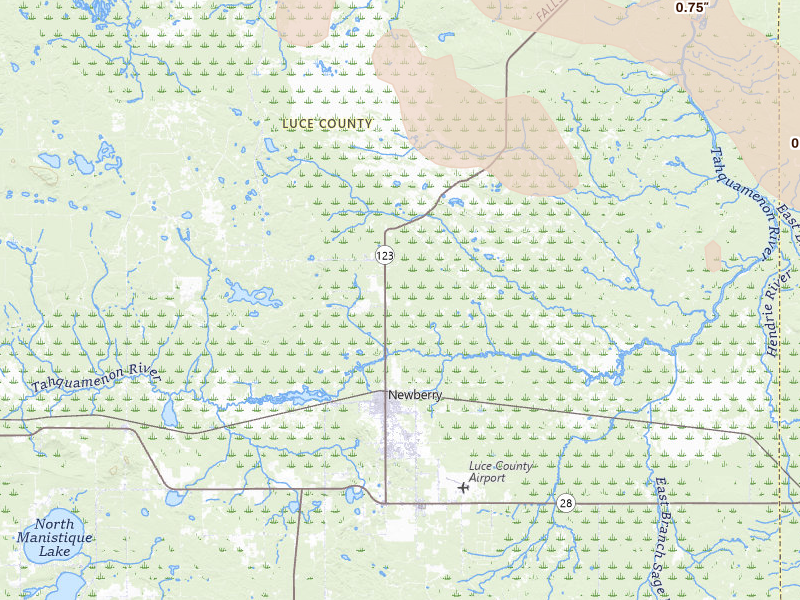Radar-estimated hail-size map of the storm over Newberry, MI on Jul 17, 2026