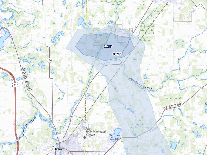 NEXRAD radar-signature map of the hail storm over Niles, MI on May 18, 2026