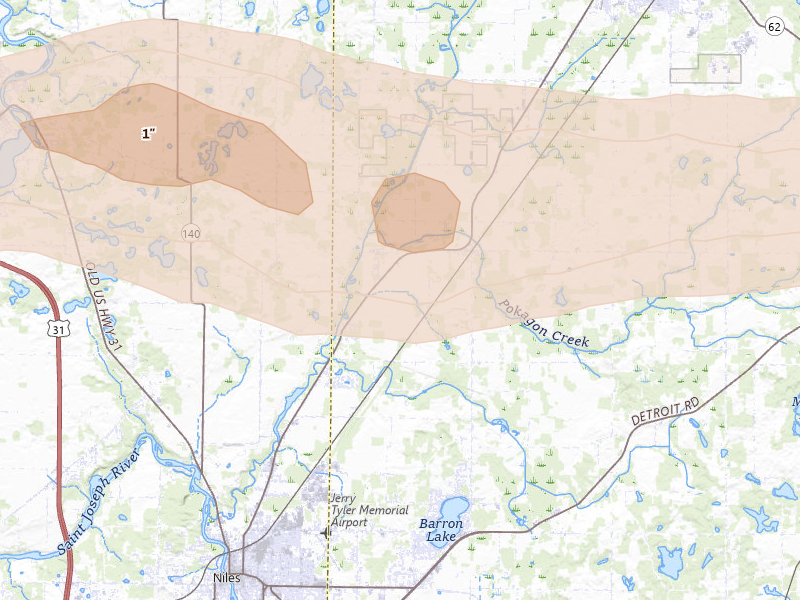 Radar-estimated hail-size map of the storm over Niles, MI on Jun 16, 2026