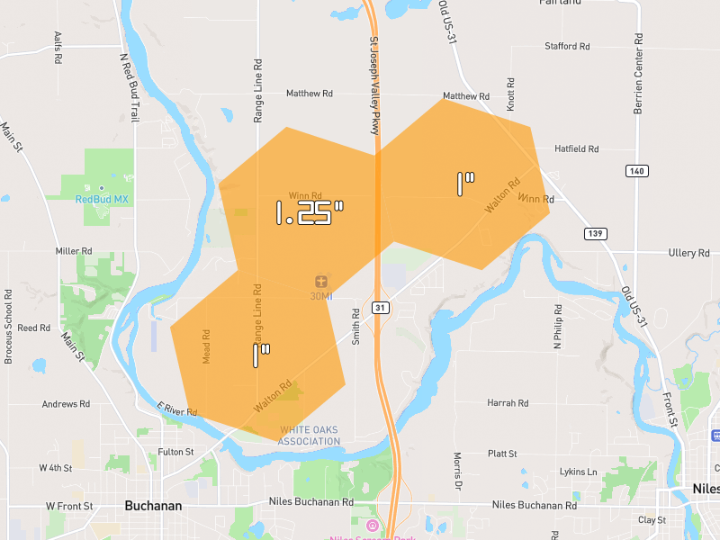 Hail map of Niles, MI on Jul 4, 2026, hail up to 1.25"