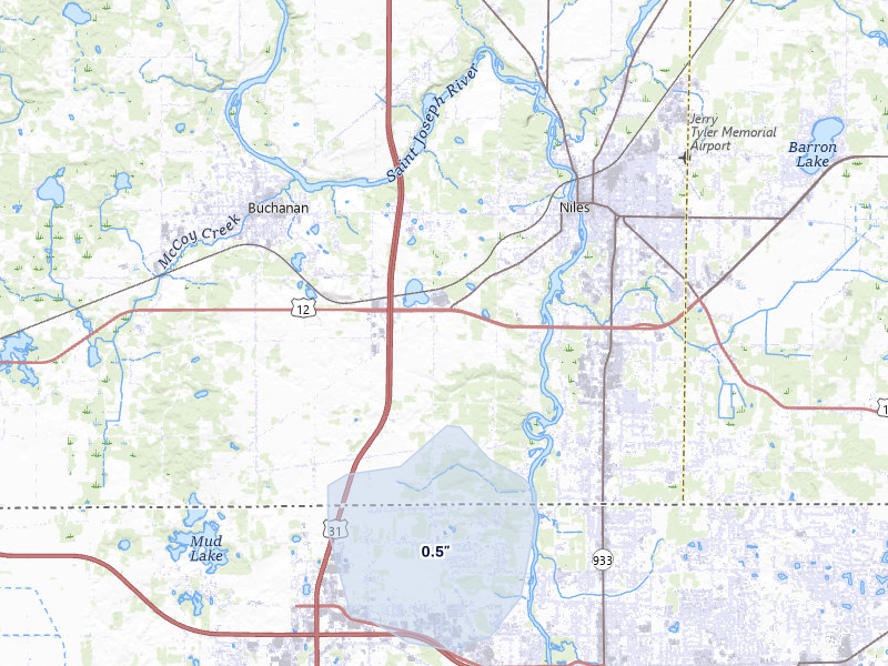 NEXRAD radar-signature map of the hail storm over Niles, MI on Jul 9, 2026