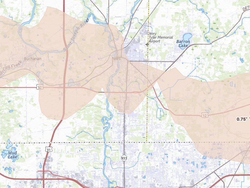 Radar-estimated hail-size map of the storm over Niles, MI on Aug 9, 2026