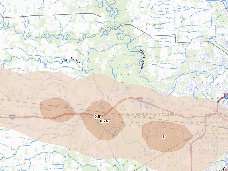 Radar-estimated hail-size map of the storm over North Street, MI on Sep 2, 2026