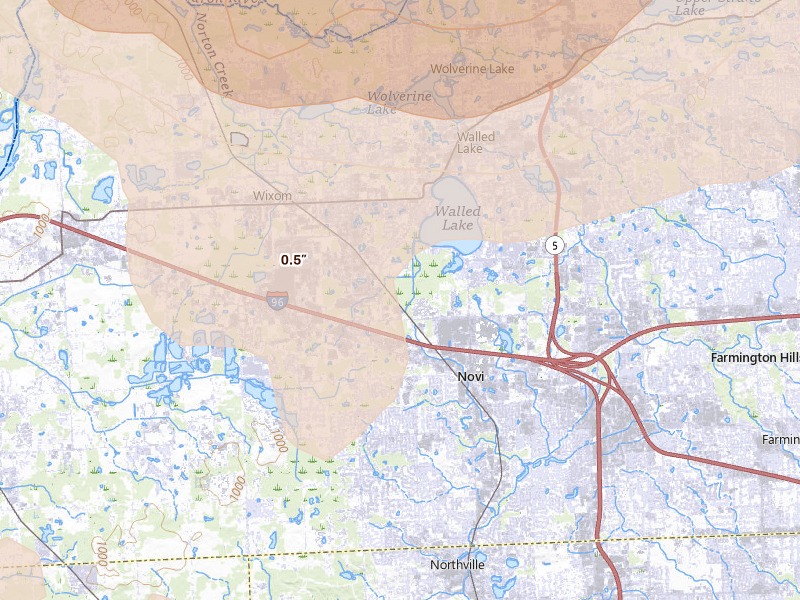 Radar-estimated hail-size map of the storm over Novi, MI on Sep 2, 2026
