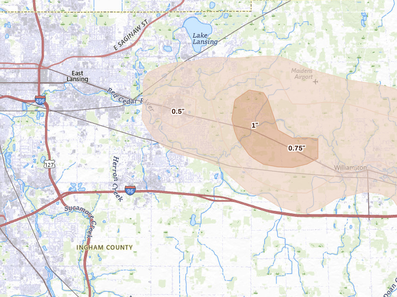 Radar-estimated hail-size map of the storm over Okemos, MI on Sep 2, 2026