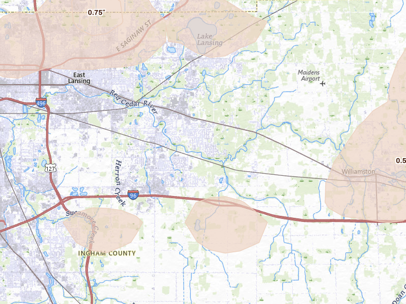 Radar-estimated hail-size map of the storm over Okemos, MI on Sep 3, 2026