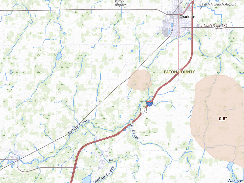 Radar-estimated hail-size map of the storm over Olivet, MI on Mar 30, 2026
