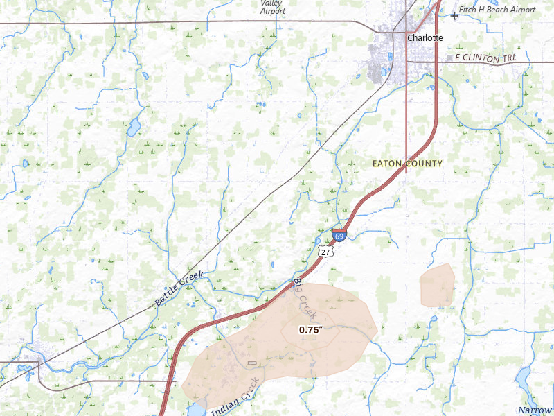 Radar-estimated hail-size map of the storm over Olivet, MI on Jul 3, 2026