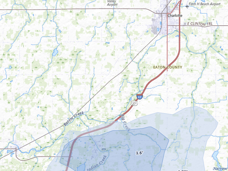 NEXRAD radar-signature map of the hail storm over Olivet, MI on Jul 3, 2026