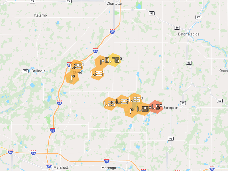 Hail map of Olivet, MI on Jul 3, 2026, hail up to 1.5"