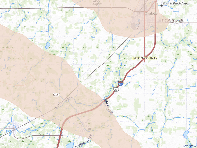 Radar-estimated hail-size map of the storm over Olivet, MI