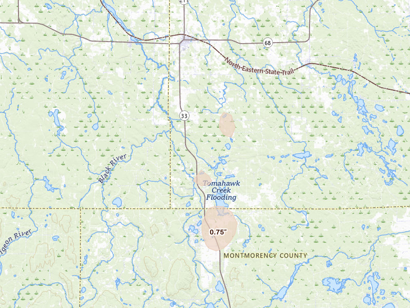 Radar-estimated hail-size map of the storm over Onaway, MI on May 18, 2026