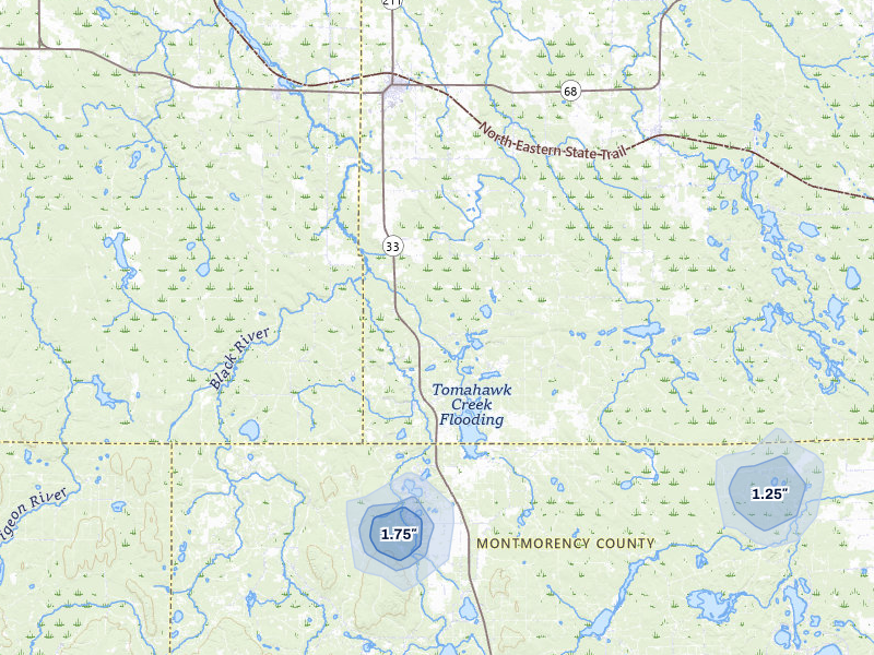 NEXRAD radar-signature map of the hail over Onaway, MI
