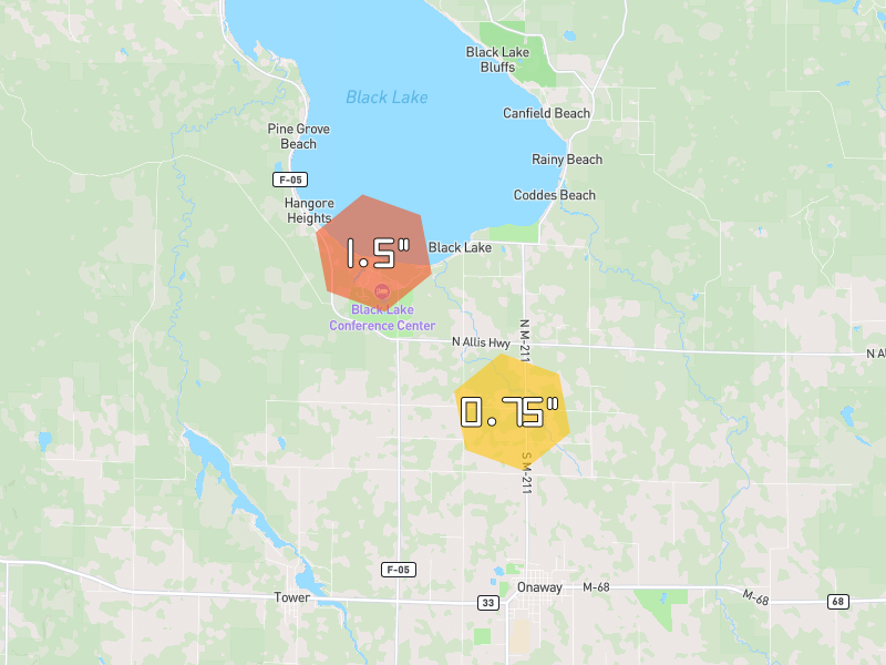 Hail map of Onaway, MI on Jul 13, 2026, hail up to 1.5"