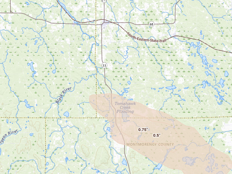 Radar-estimated hail-size map of the storm over Onaway, MI