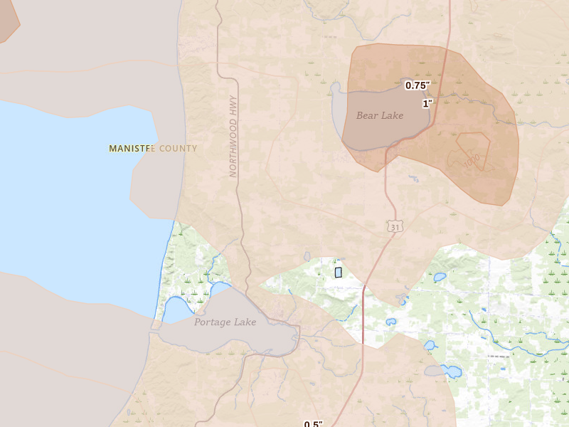 Radar-estimated hail-size map of the storm over Onekama, MI on Mar 30, 2026