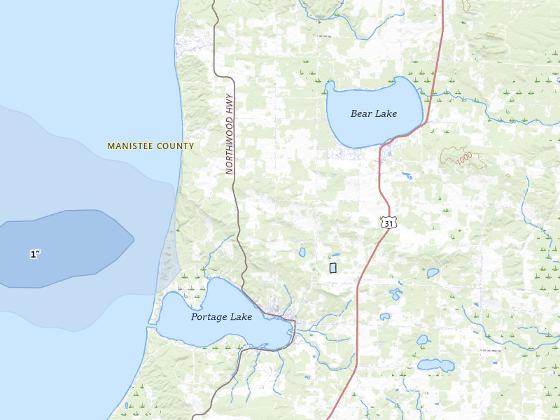 NEXRAD radar-signature map of the hail storm over Onekama, MI on Jun 30, 2026