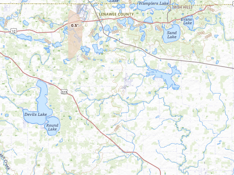 Radar-estimated hail-size map of the storm over Onsted, MI on Apr 22, 2026