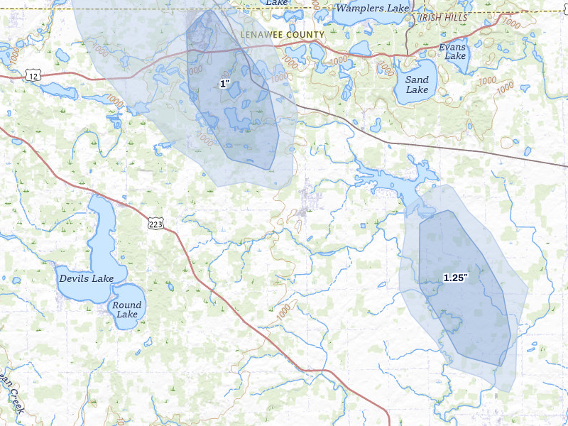 NEXRAD radar-signature map of the hail storm over Onsted, MI on Apr 22, 2026