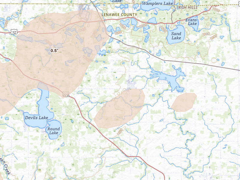 Radar-estimated hail-size map of the storm over Onsted, MI on Aug 9, 2026